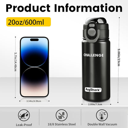 Skiennix 20 Oz Insulated Water Bottle - Leak-Proof, BPA-Free, Double-Walled for Travel & Sports | Black