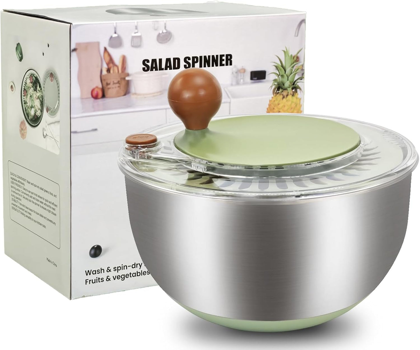 Skiennix 5.3Qt Stainless Steel Salad Spinner - Non-Slip Base, Dishwasher Safe, Easy Drain Design