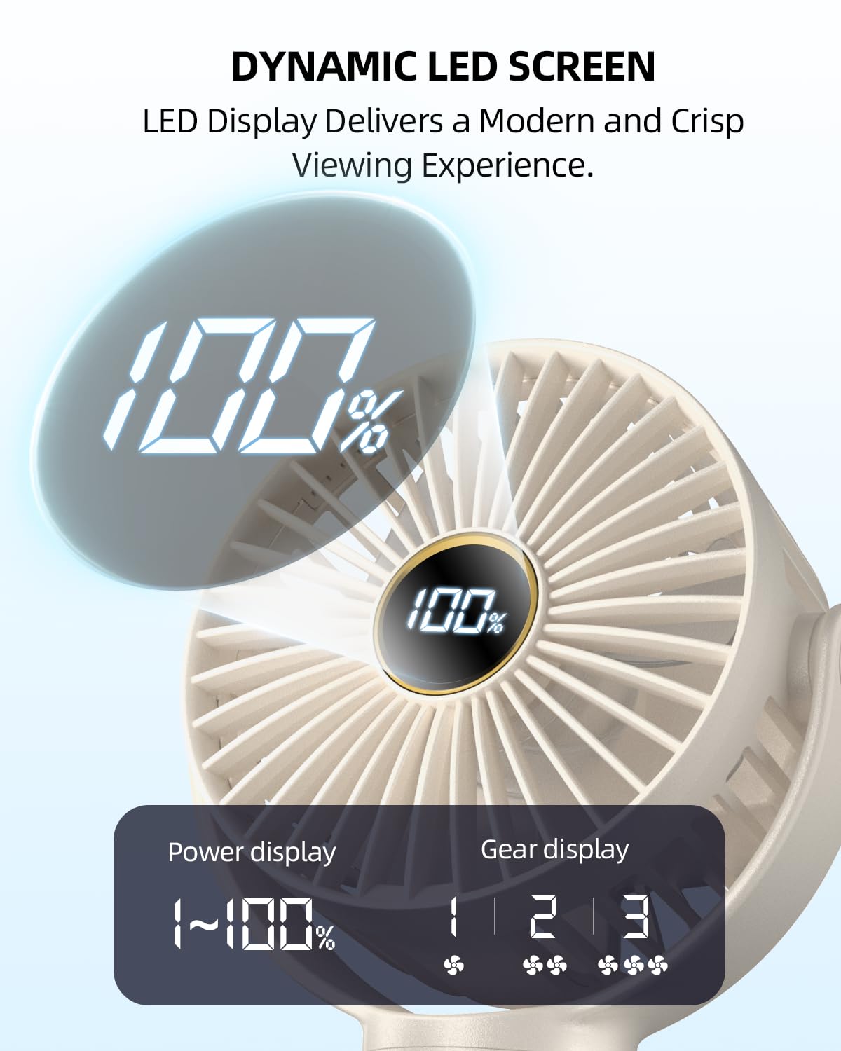 Portable Stroller Mini Fan, Small Rechargeable Personal Fan, Travel Essentials for Baby, Wagon, Car Seat, Treadmill, Battery Powered Biking Gear Accessories, 360° Rotation, 3-Speed, Display, Beige