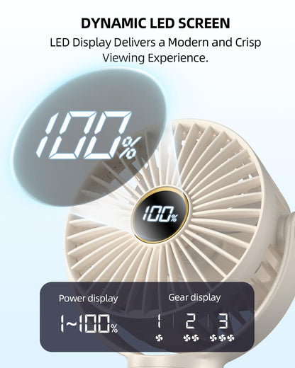 Portable Stroller Mini Fan, Small Rechargeable Personal Fan, Travel Essentials for Baby, Wagon, Car Seat, Treadmill, Battery Powered Biking Gear Accessories, 360° Rotation, 3-Speed, Display, Beige