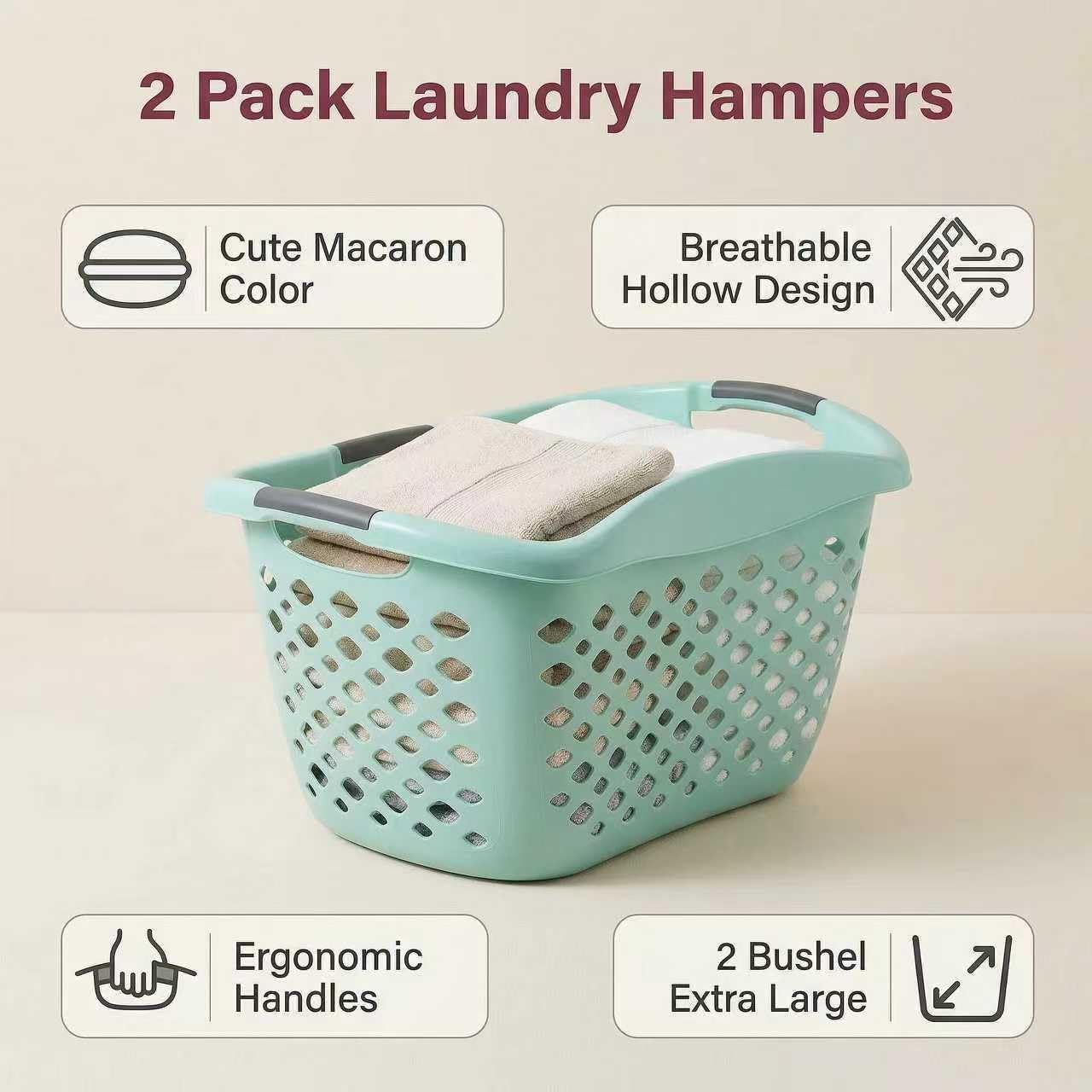 Skiennix 1.8 Bushel Hip Hugger Laundry Basket - Teal Flexible Plastic Hamper for Easy One-Hand Carry
