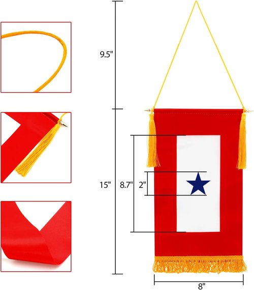 ANLEY Military Service Banner - Blue Star American Family Member Flag - 15" X 8" Fringed Design with Wooden Pole & Golden Tassels