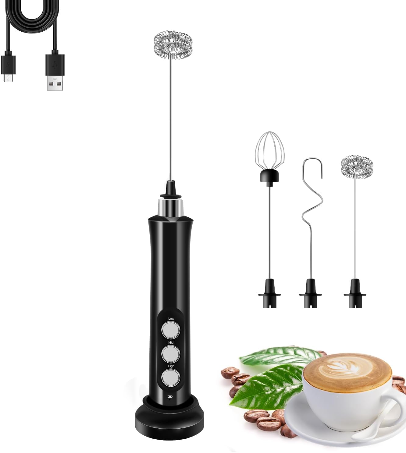 Skiennix Rechargeable Milk Frother - 3 Detachable Stainless Steel Whisks | Adjustable Speed Electric Mixer with Storage Base