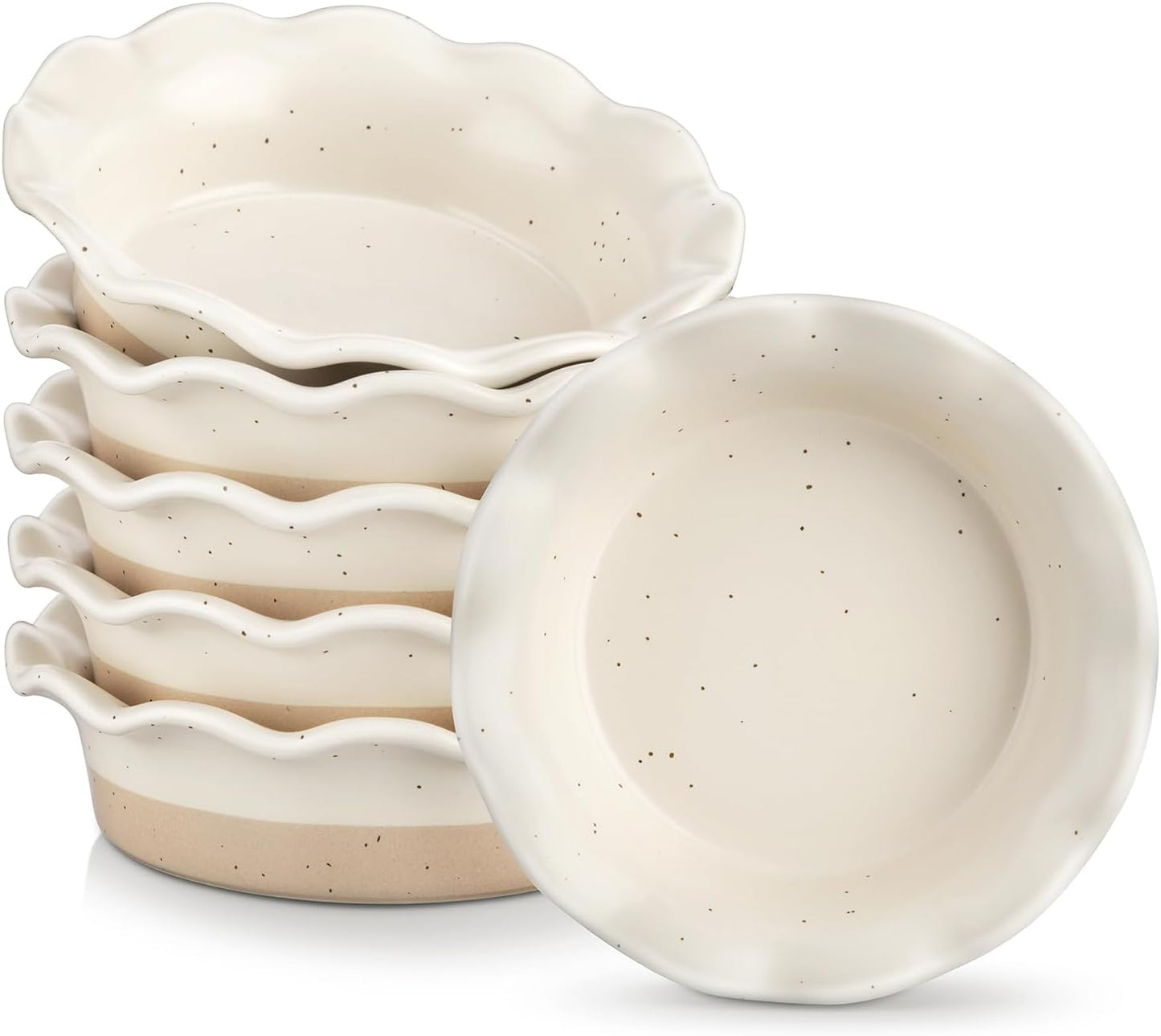 Vancasso Mini Pie Pans Set of 6 - 5.2 Inch Ceramic Deep Dish Plates | Ruffled Edge, Oven & Microwave Safe, Cream