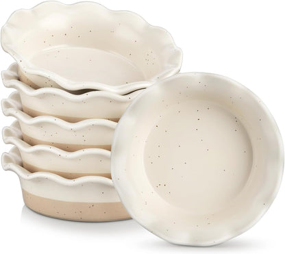 Vancasso Mini Pie Pans Set of 6 - 5.2 Inch Ceramic Deep Dish Plates | Ruffled Edge, Oven & Microwave Safe, Cream
