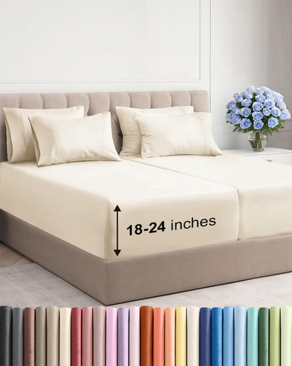 Skiennix Extra Deep Split King Sheet Set - 7 Piece Breathable Cooling Bedding - Soft Wrinkle-Free Off White