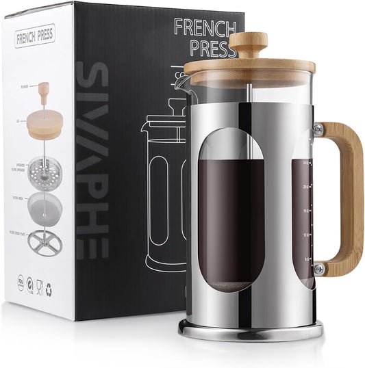 Sivaphe French Press Coffee Maker - 34 oz Borosilicate Glass with Bamboo Lid & Handle | 8 Cup Tea Press