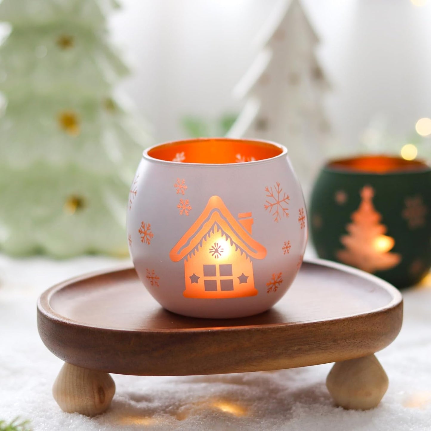 Skiennix Christmas Candle Holders - Set of 4 Frosted Glass Tealight Votives with Holiday Designs | Red, Green, White