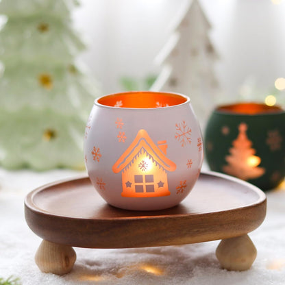 Skiennix Christmas Candle Holders - Set of 4 Frosted Glass Tealight Votives with Holiday Designs | Red, Green, White