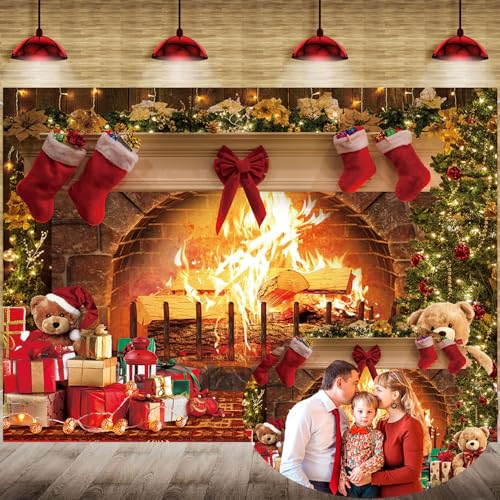 Christmas Fireplace Backdrop 7x5FT Vintage Stocking Xmas Tree Photography Background Brown