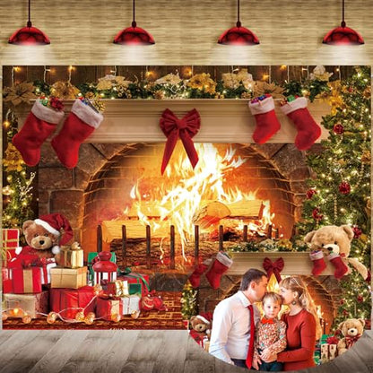 Christmas Fireplace Backdrop 7x5FT Vintage Stocking Xmas Tree Photography Background Brown