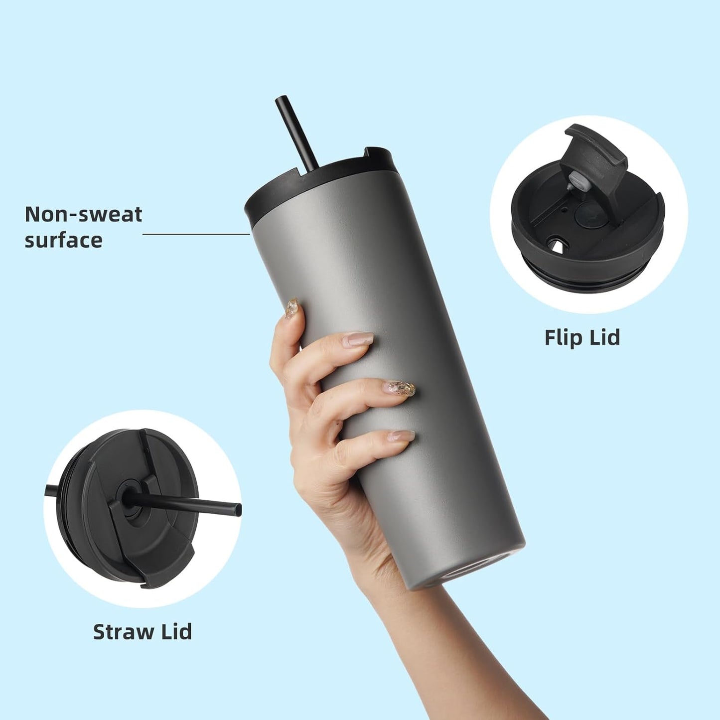 Skiennix 22 Oz Insulated Tumbler - Vacuum-Sealed Stainless Steel Travel Mug with Lid & Straws | Gray