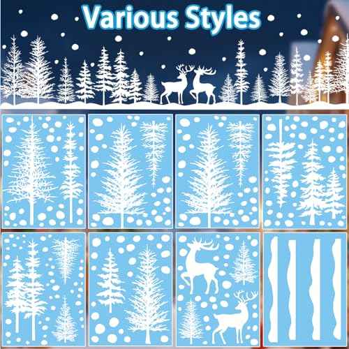 DIYDEC 8 Sheets Christmas Window Clings Snowy Christmas Forest Trees Window Decals Double-Sided Winter Window Stickers Decorations for Xmas Holiday Home Party Glass