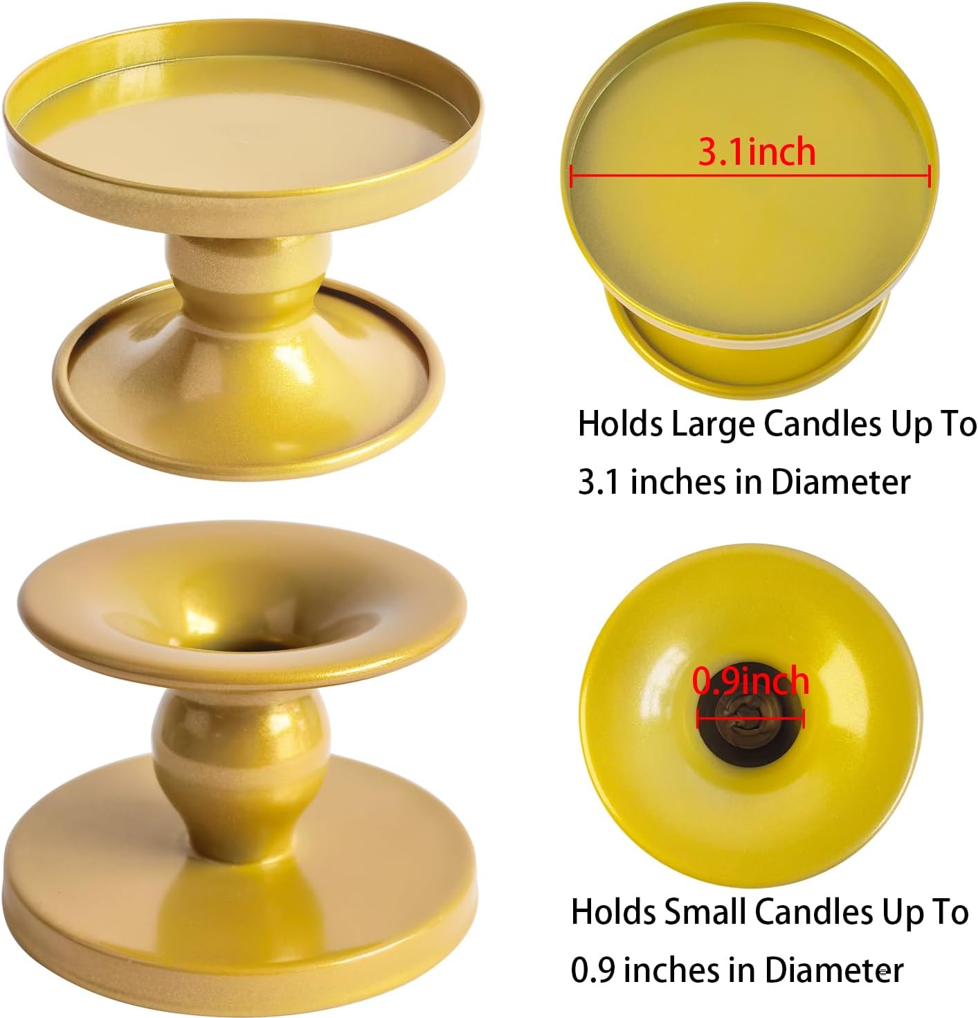 Table Gold Candle Holders - Set of 2 | Reversible Metal Stands for Pillar & Taper Candles | Elegant Home Décor for Weddings & Special Occasions