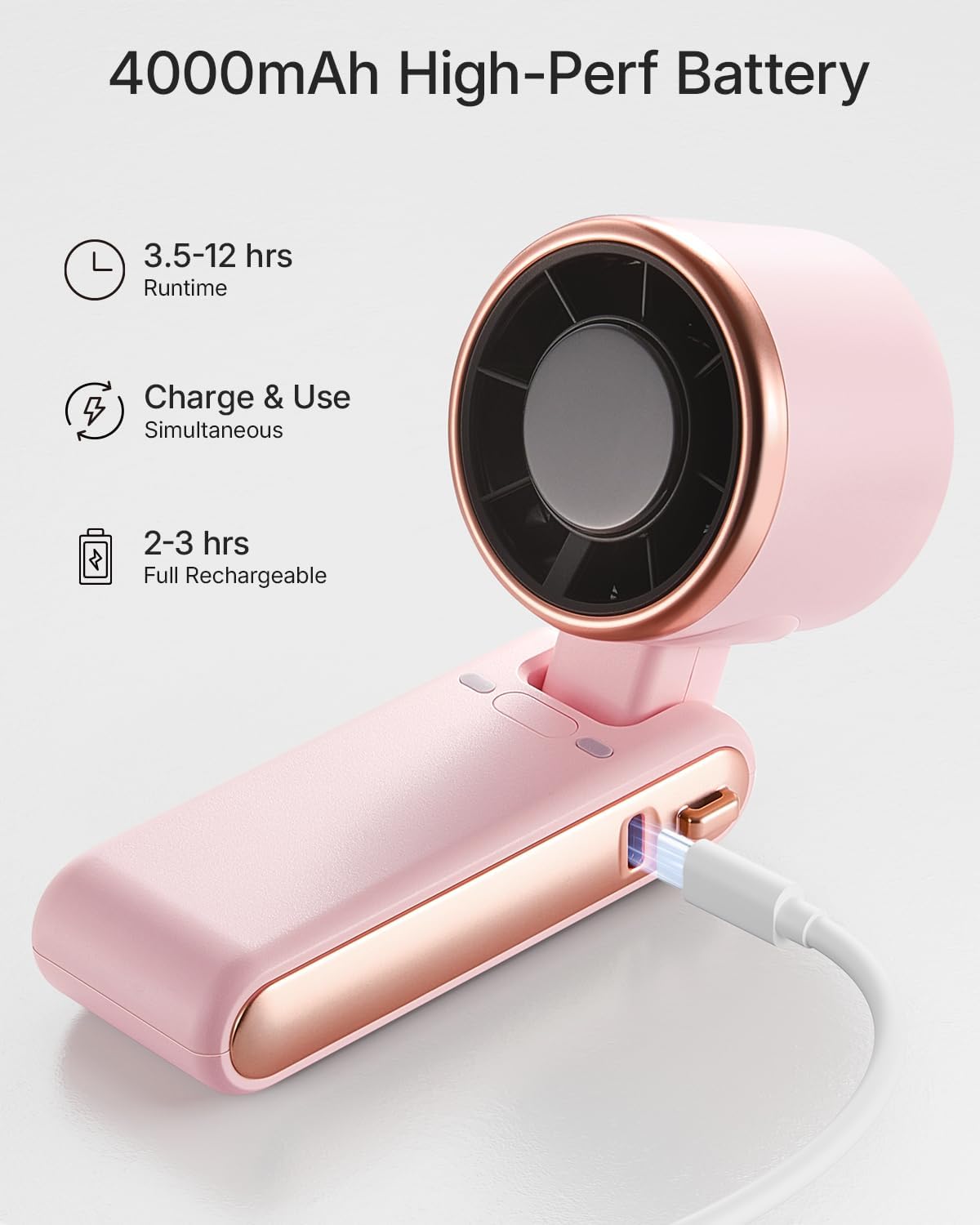 Skiennix Portable Handheld Turbo Fan - 5-Speed Rechargeable Mini Personal Fan | 4000mAh Battery, Pink