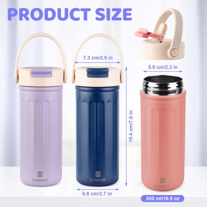 Skiennix Insulated Water Bottle - 16oz Stainless Steel with Straw & Handle | BPA Free, Pink