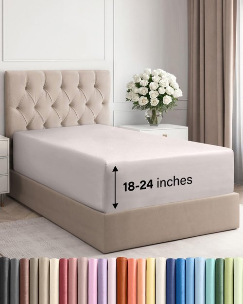 Extra Deep Twin XL Fitted Sheet - Hotel Luxury Single Fitted Sheet Only - Easily Fits 18 inch to 24 inch Mattress - Ultra Soft, Wrinkle Free with Extra Deep Pockets - Breathable & Comfy - Light Grey