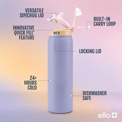 Ello Stainless Steel Water Bottle - Leak-Proof Locking Lid, 22 oz | Reusable Insulated Travel Bottle in Cornflower/Blush Breeze