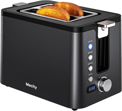 Mecity 2-Slice Stainless Steel Toaster - Extra Wide Slots, 6 Browning Settings, Timer & Warming Rack | Black