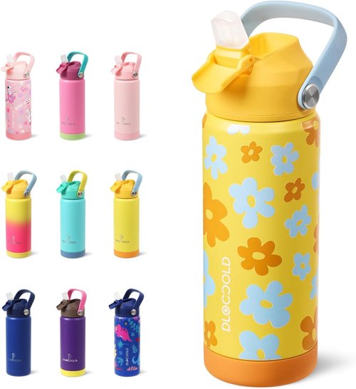 DLOCCOLD Kids Insulated Water Bottle - Leak Proof Straw Lid, Double Wall Stainless Steel, Reusable Tumbler for Travel