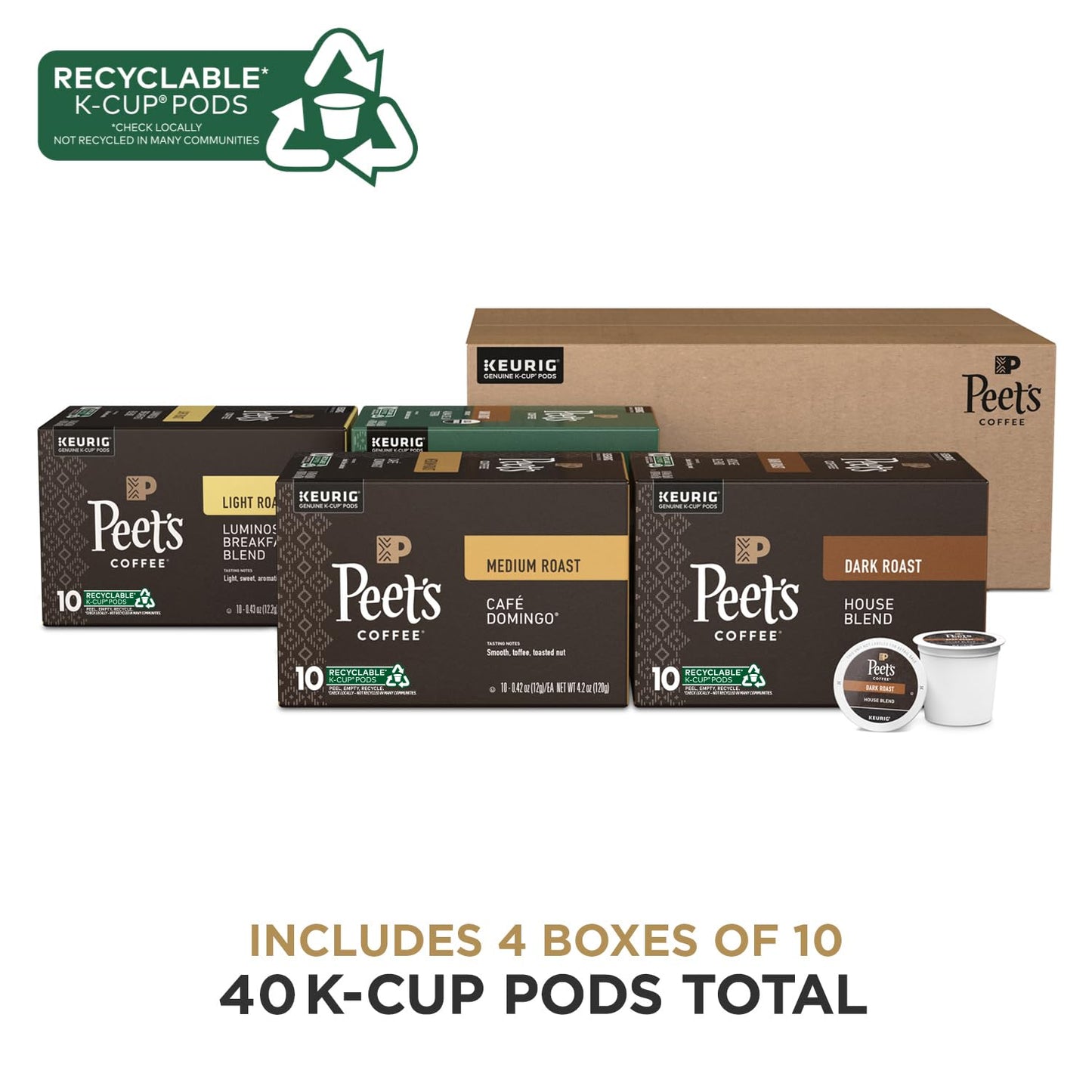 Peet's Coffee, Keurig K-Cup Pods Variety Pack, 100% Arabica Coffee - Luminosa Breakfast Blend, Café Domingo, Organic Alma De La Tierra, House Blend, 40 Count (4 Boxes of 10 Pods)