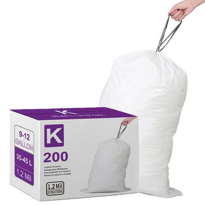Code K (200 Count) Heavy Duty Trash Bags 1.2 Mil THICK 9-12 Gallon/35-45 Liter with Reinforced Drawstring Compatible with simpleman Code K White Garbage Can Liners Leak-Proof & Tear Resistant