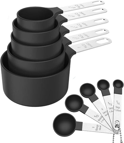 Skiennix Measuring Cups and Spoons Set - 10-Piece Stackable Kitchen Tools with Engraved US Measurements | Food-Grade Silicone Handles, Dishwasher Safe (Black)