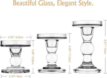 Lewondr Glass Candle Holders - Elegant 3-Piece Crystal Clear Set for Pillar & Taper Candles | Home Décor