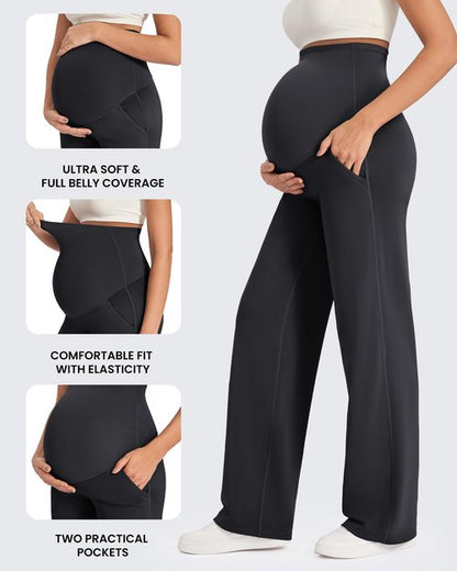 G4Free Maternity Pants with Pockets Over The Belly Pregnancy Leggings Wide Leg Yoga Pants for Business Casual (Black,M,Regular)