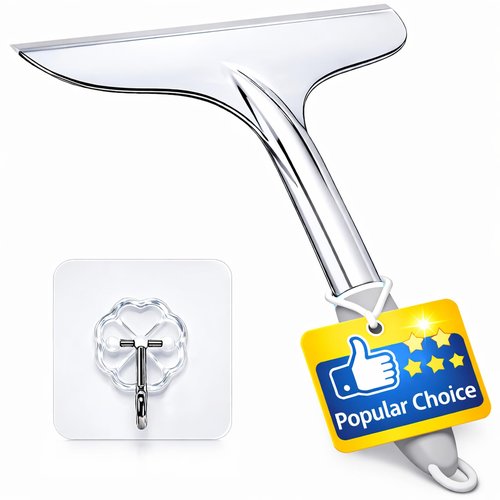 Shower Squeegee for Glass Shower Doors Bathroom Tile Mirror – Streak-Free Silent Window Cleaner with Non-Slip Handle and Adhesive Hook for Car and Home Cleaning