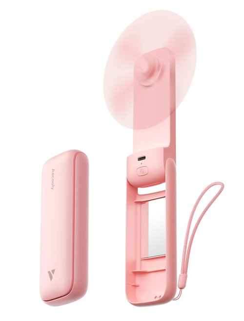 Aecooly Slim Portable Fan with Mirror, Thin Handheld Fan, USB Rechargeable Mini Personal [24H Max Cooling Time], Battery Powered Small Foldable Pocket for Travel, Lash, Makeup, Gifts for Women -Pink