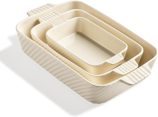 Sweejar Ceramic Baking Dish Set - Porcelain Striped Casserole Dishes with Handle for Lasagna | Beige