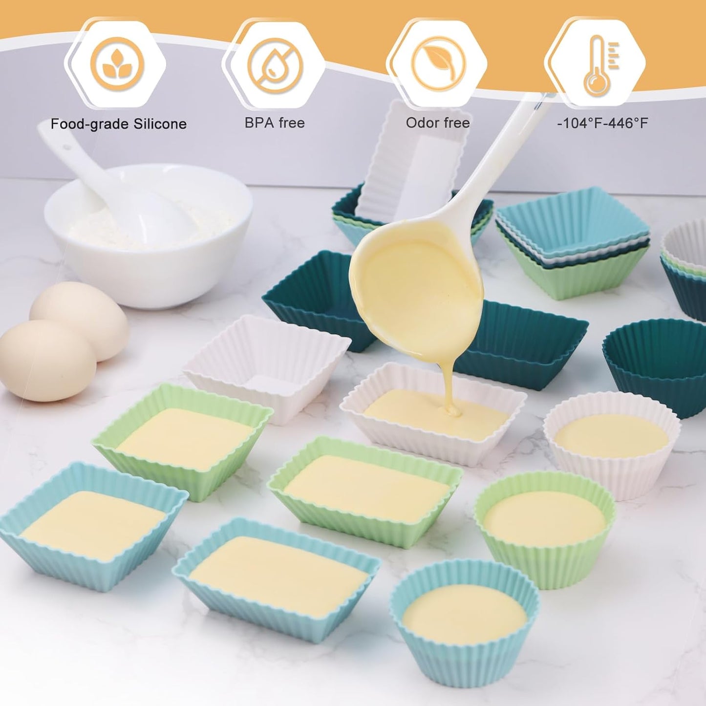 Skiennix Silicone Muffin Cups - 24-Pack Reusable Cupcake Liners in 3 Shapes | Neutral Colors, Regular Size