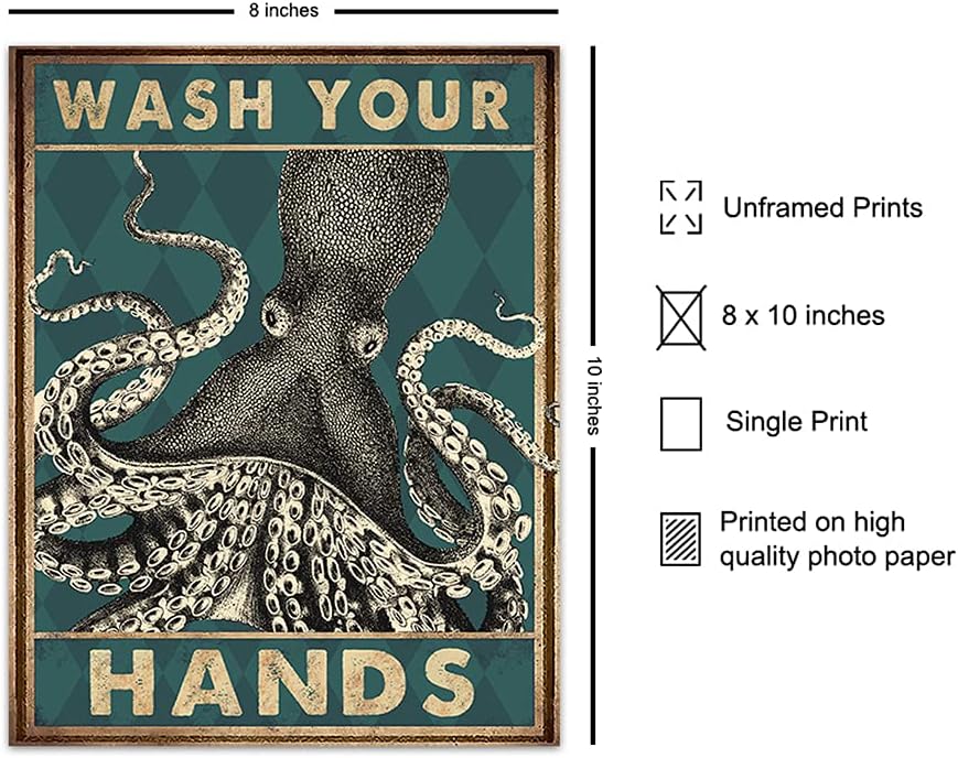 Octopus Nautical Bathroom Wall Art - Funny Beach Decor | Unique Wash Your Hands Sign for Guest Bath