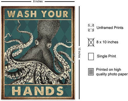 Octopus Nautical Bathroom Wall Art - Funny Beach Decor | Unique Wash Your Hands Sign for Guest Bath