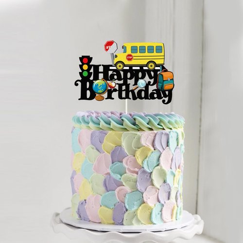 School Bus Happy Birthday Cake Topper,First Day of School Sign,Back to School Cake Decor, Kid Yellow Bus Theme Birthday Party Decorations