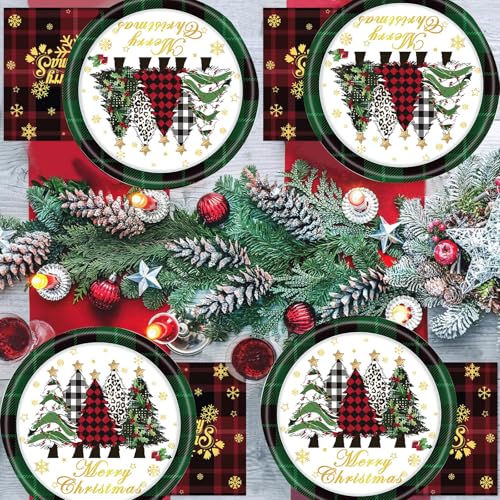 Christmas Green Plaid Paper Plates Set of 24 - Holiday Disposable Dinnerware