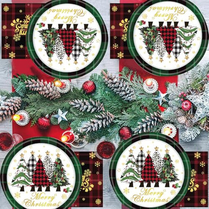 Christmas Green Plaid Paper Plates Set of 24 - Holiday Disposable Dinnerware