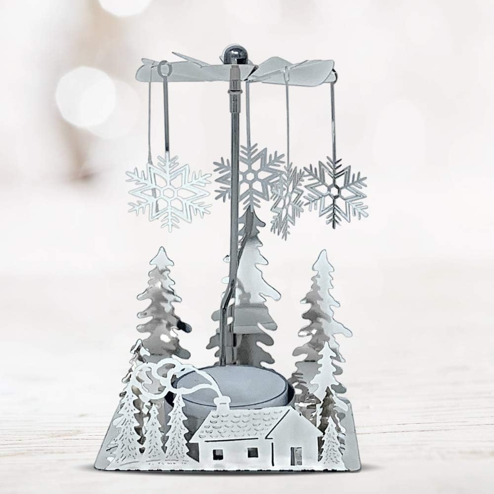 Skiennix Winter Holiday Cabin Silver Candle Spinner - Silver Plated Laser Cut Scene - 5" Tea Light Holder