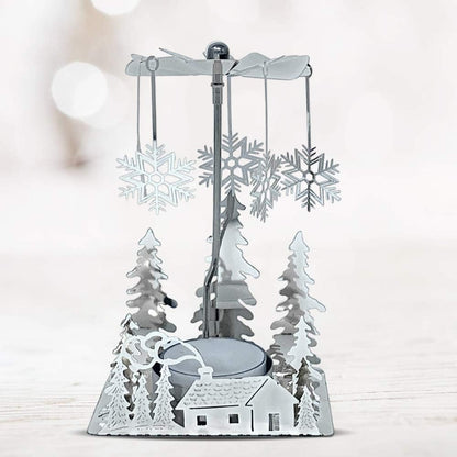 Skiennix Winter Holiday Cabin Silver Candle Spinner - Silver Plated Laser Cut Scene - 5" Tea Light Holder