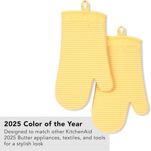 KitchenAid Ribbed Soft Silicone Oven Mitt Set - 2-Pack, 7.5"x13", Butter Yellow for Ultimate Heat Protection