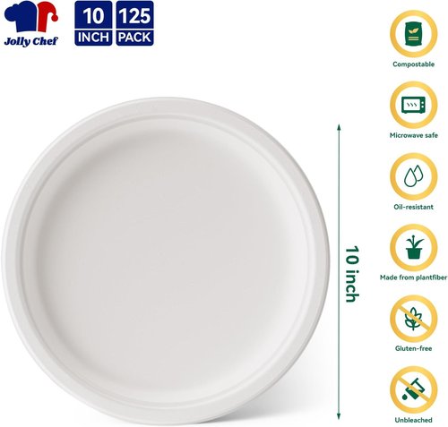 JOLLY CHEF Compostable Heavy Duty Plates - Eco-Friendly 10-Inch White Paper Plates | 125-Pack Made from Biodegradable Sugarcane Fibers