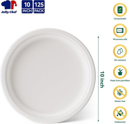 JOLLY CHEF Compostable Heavy Duty Plates - Eco-Friendly 10-Inch White Paper Plates | 125-Pack Made from Biodegradable Sugarcane Fibers
