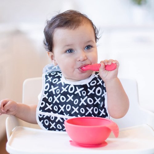 Bumkins Silicone Baby Utensil Set - Soft Tip Trainer Spoons for Self-Feeding | 3-Pack in Red & Yellow