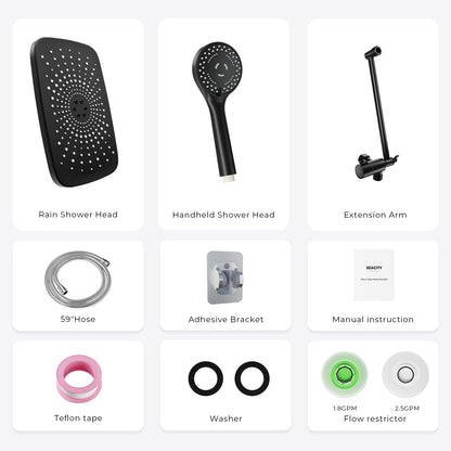 Seacity Wide Rain Shower Head With 5 Modes Handheld Showerheads, High Pressure Showerhead Combo with Extension Arm for Bathroom Accessories, Adjustable Shower Head with Anti-Clog Nozzles (Black)