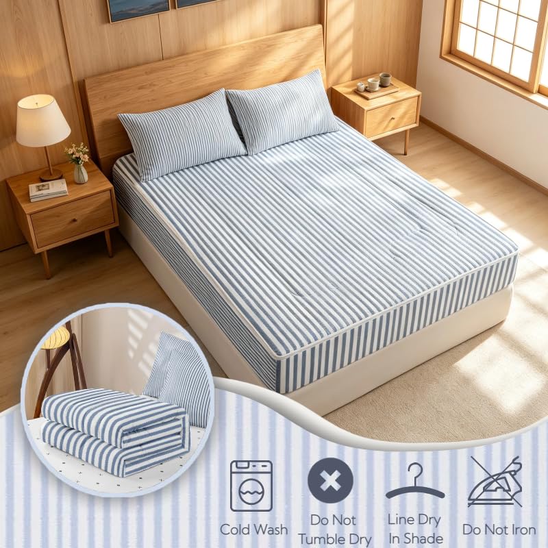 Blue Striped Zipper Bedding Set Twin - Modern Geometric Bed in a Bag