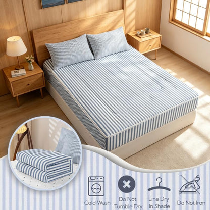 Blue Striped Zipper Bedding Set Twin - Modern Geometric Bed in a Bag