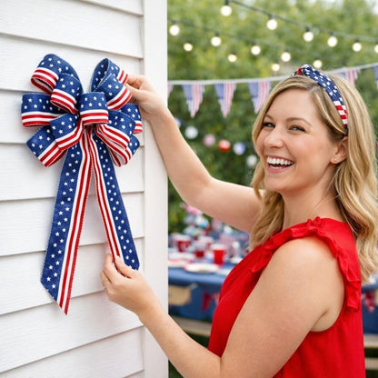 Skiennix Memorial Day Decorations - Patriotic Stripe Stars Wreath Bow for Front Door | Red, White & Blue Decor