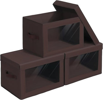 Homsorout Foldable Storage Boxes - Clear Window Clothes Organizers, Fabric Bins, Brown | 3 Pack