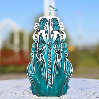 Hand Carved Green Candles 6.7'' | Decorative Teal & Black Layered Candle